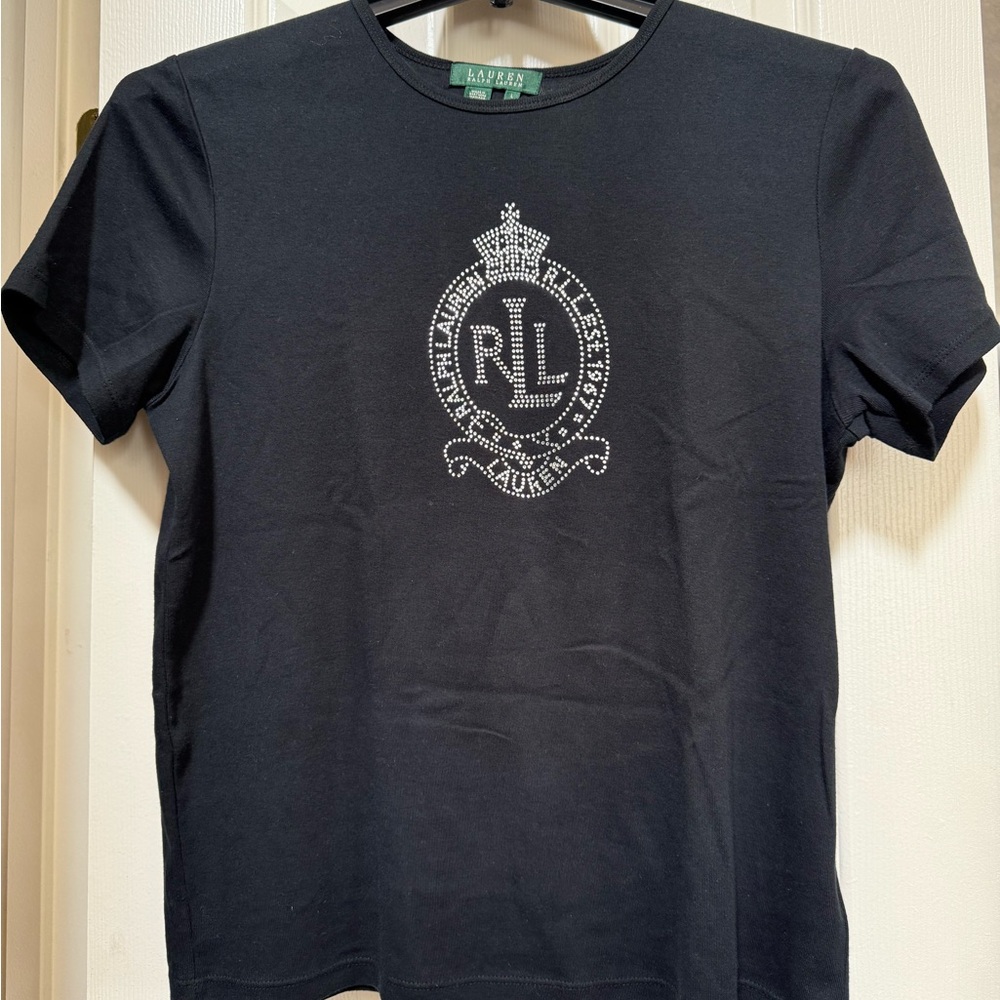 Ralph Lauren Black T-Shirt with Rhinestones Logo Size Large Cotton